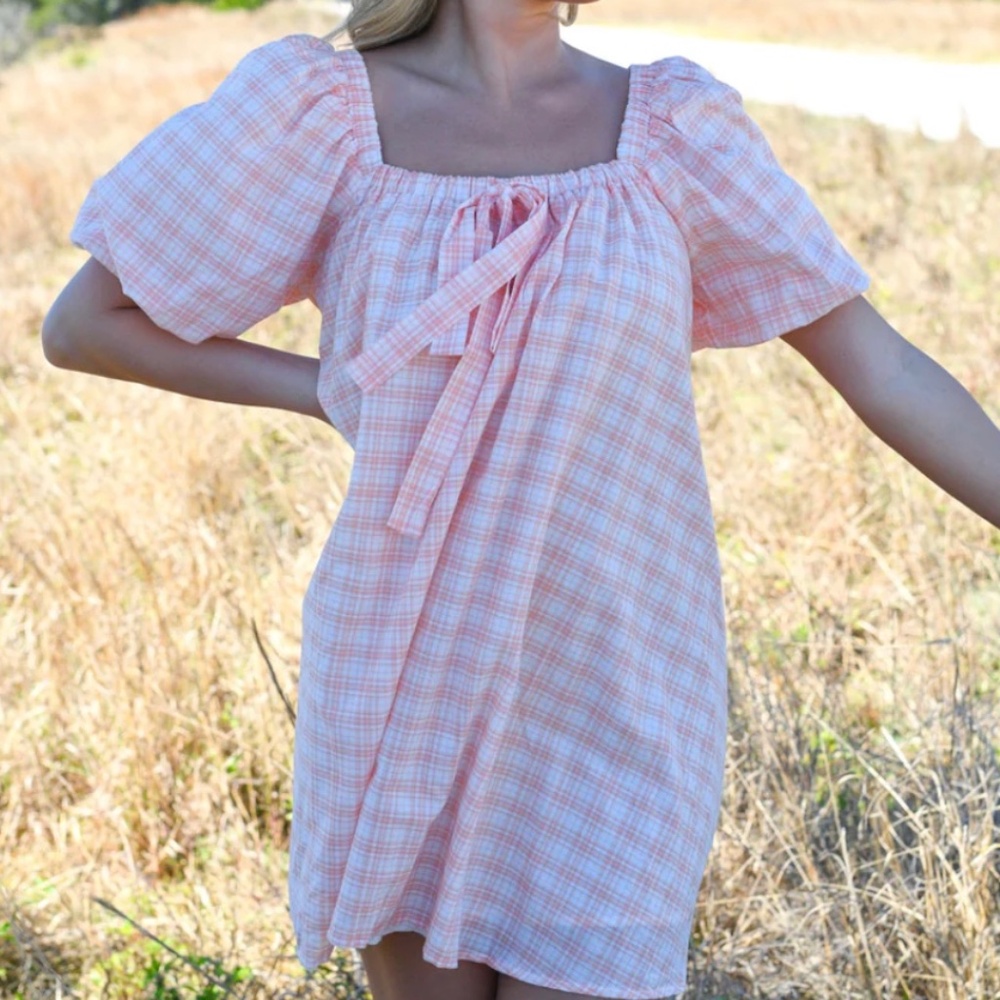 NWT Mable Orange Plaid Puff Sleeve Dress Size Small